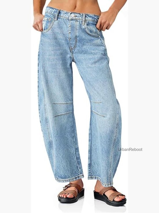 Denim - Baggy Boyfriend Jeans Wide Leg Mid Rise Barrel Denim Ankle Pants